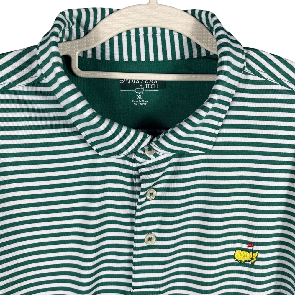 Masters Tech Polo Shirt Mens XL Green White Striped Embroidered Golf Tech Shirt